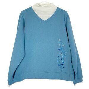 Vintage 90s Mockneck Sweatshirt Pullover Womens Size Large Blue Embroidered
